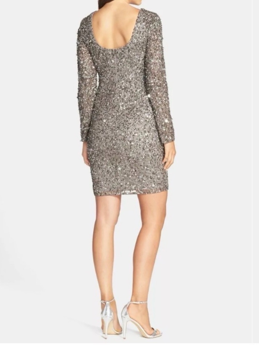 Adrianna Papell Gunmetal Beaded Cocktail Dress Open Back Long Sleeve Size 4 - Picture 2 of 5